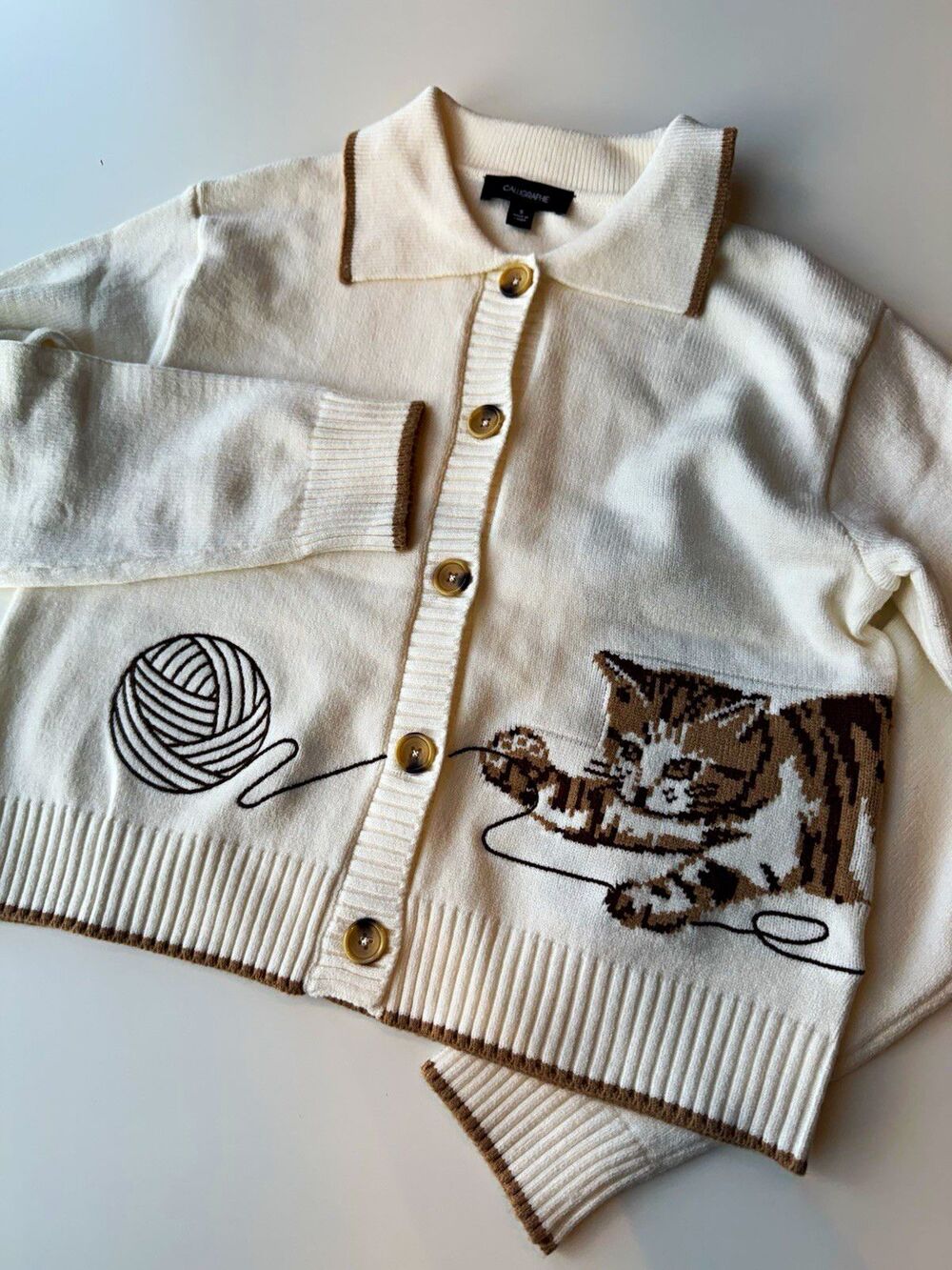 Anthropologie Calligraphie Women's Cream Collared Button Knit Cat Cardigan S